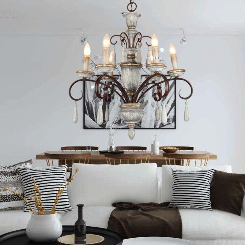 Wood Metal Hanging Chandelier Candle 6 Light Chandelier Lighting for Living Room