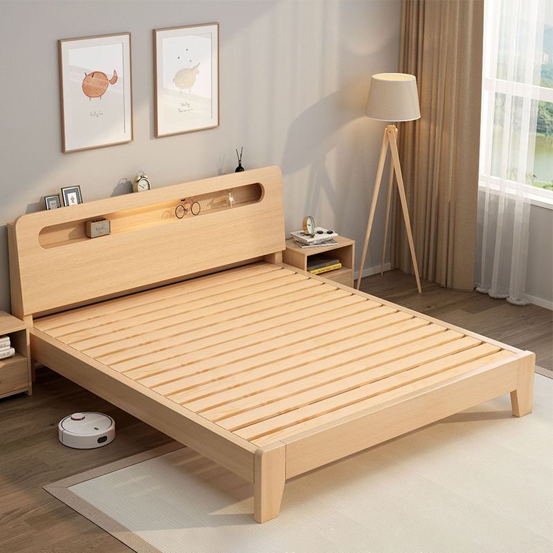 Solid Wood Beveled Standard Bed Storage Headboard Bed with Shelves