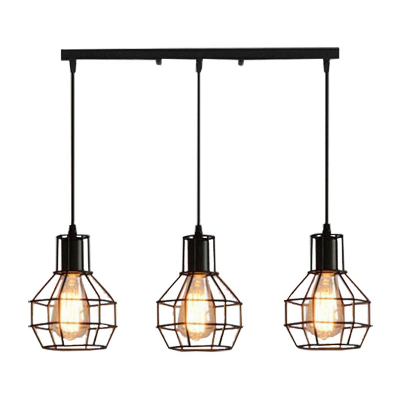 3-Lights Iron Cage Island Light 21.5 Inches Length Industrial Style Black Metal Hanging Light for Kitchen Bar
