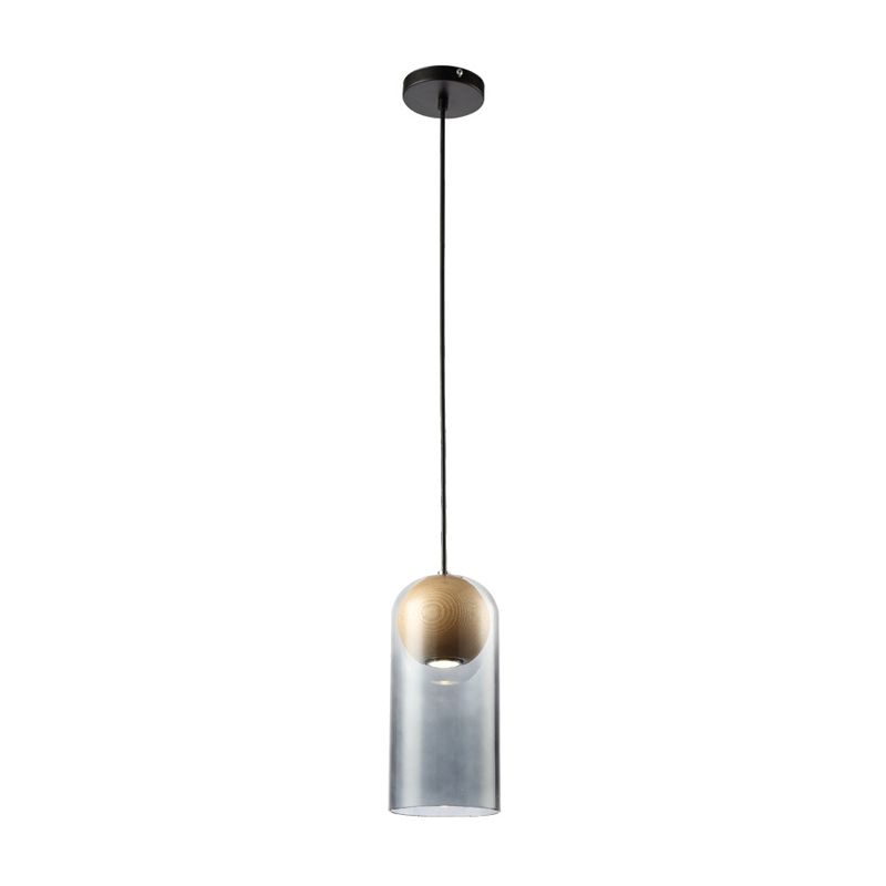 Modern Artistic LED Pendant Light Wooden Bell Hanging Lamp with Gray Glass Shade