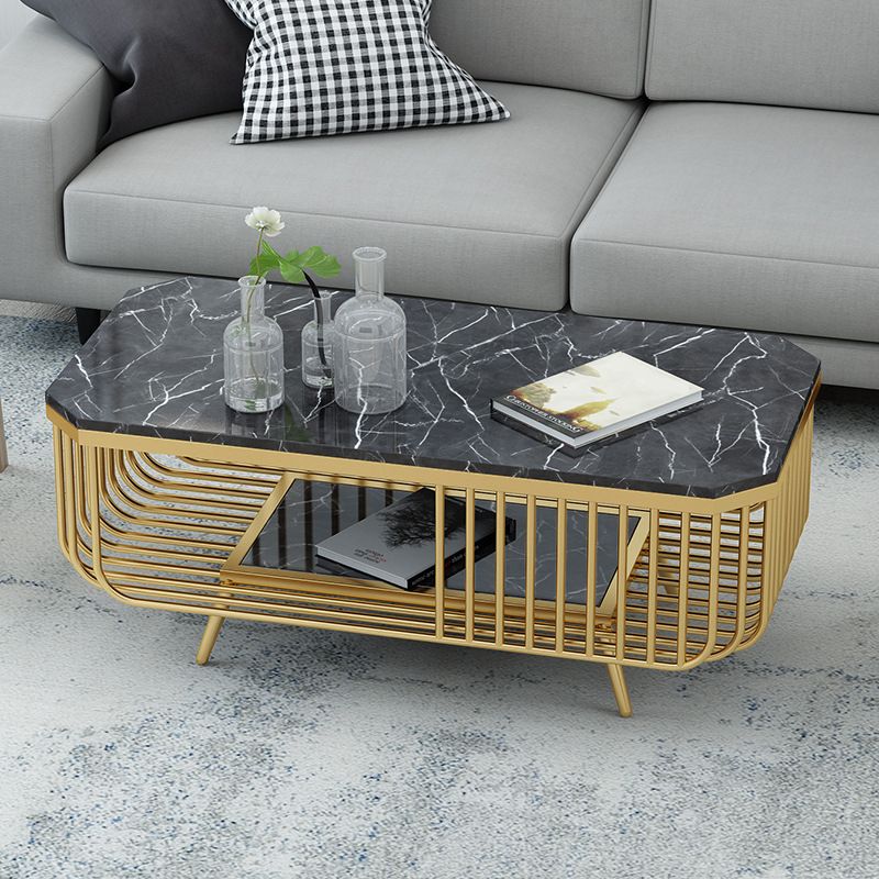 39.37" L Rectangle Slate Coffee Table Iron 4 Legs Cocktail Table with Shelf