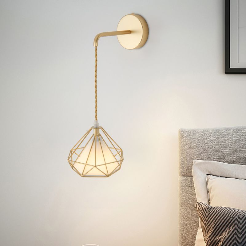 Modern Metal Wall Sconce Diamond Shape Wall Light with Fabric Shade for Bedroom