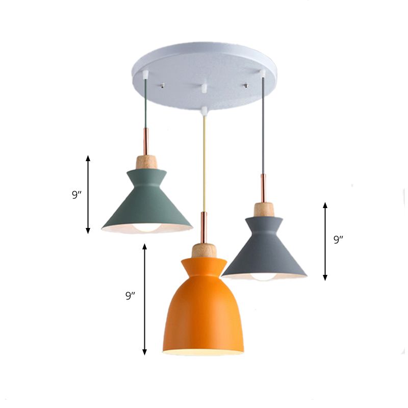 Multi-Color Cone and Dome Hanging Lighting Modern 3 Lights Metal Pendant Ceiling Light with Linear/Round Canopy