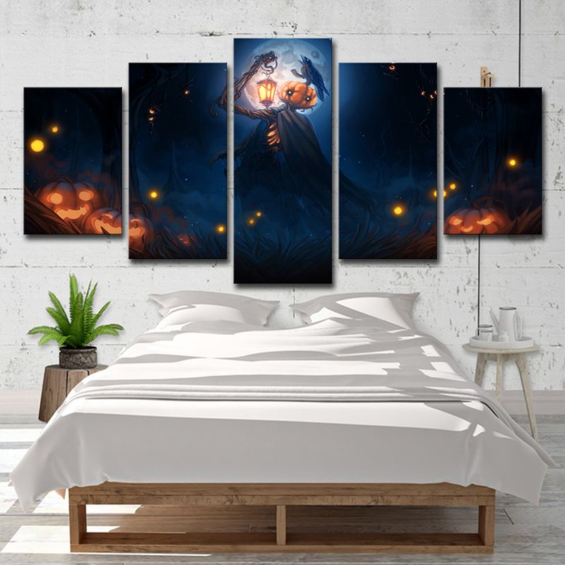 Halloween Pumpkin Canvas Print Kids Scary Moon Night Scene Wall Art in Dark Blue