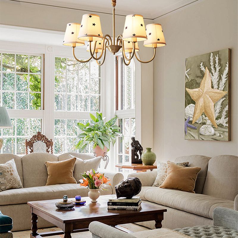 Traditional Style Chandelier Light Fabric Shade Brass Lighting Fixture for Living Room