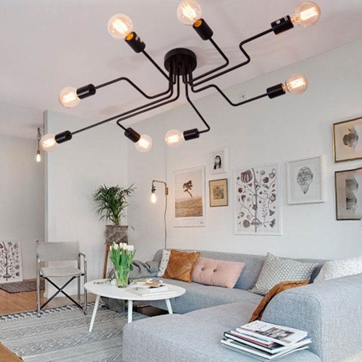 Black Sputnik Semi Flush Mount im industriellen Deckenlicht im industriellen Vintage -Stil mit Metallstiel für Schlafzimmer