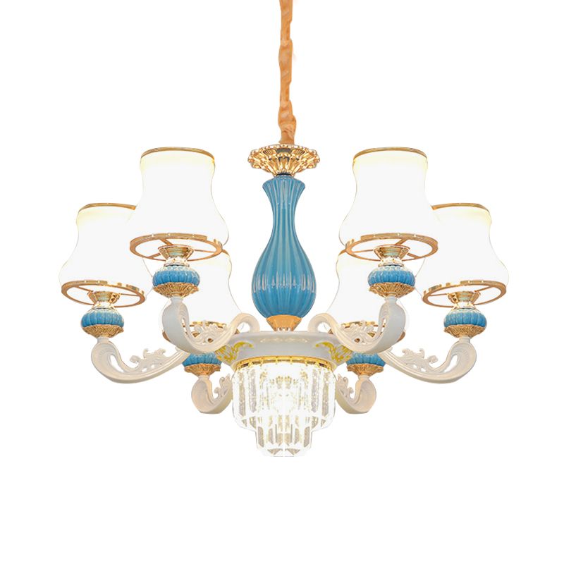 Blauw en wit 6-head kroonluchter hedendaagse opaalglas gebogen kristalhangende hanger