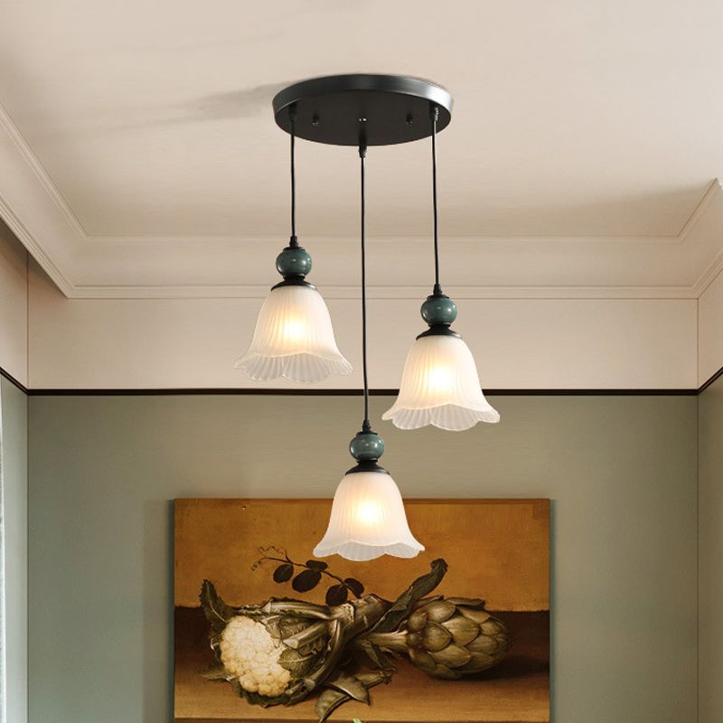 Glassone glassate in vetro a coste a vite ciondolo rustico 3 luci da pranzo Kit lampada a sospensione in nero con baldacchino rotondo/lineare