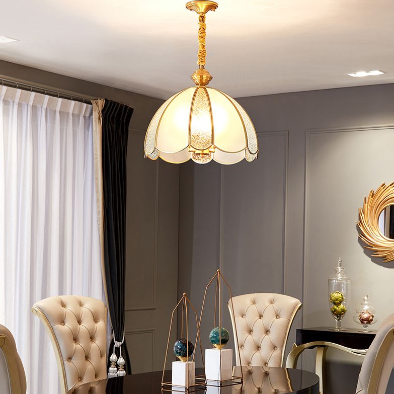 Elegant Dome Flower Shade Pendant Light Hammered Frosted Glass 1 Light Brass Hanging Light for Living Room