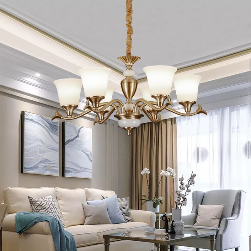 Lustre de salon en verre blanc traditionnel en verre floral en or