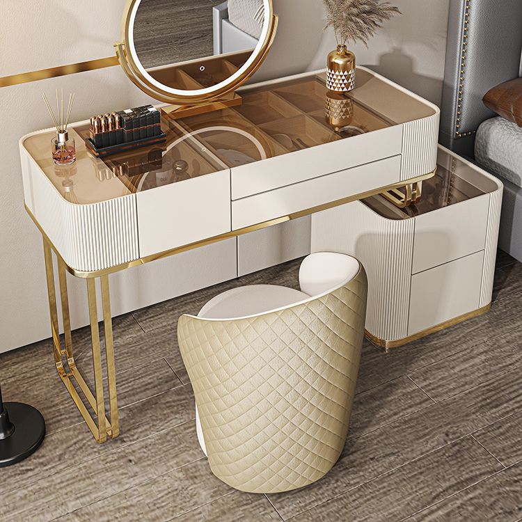 Dimmable Lighted Mirror Dressing Table with 5 Drawers Glass/Stone Top Make-up Vanity