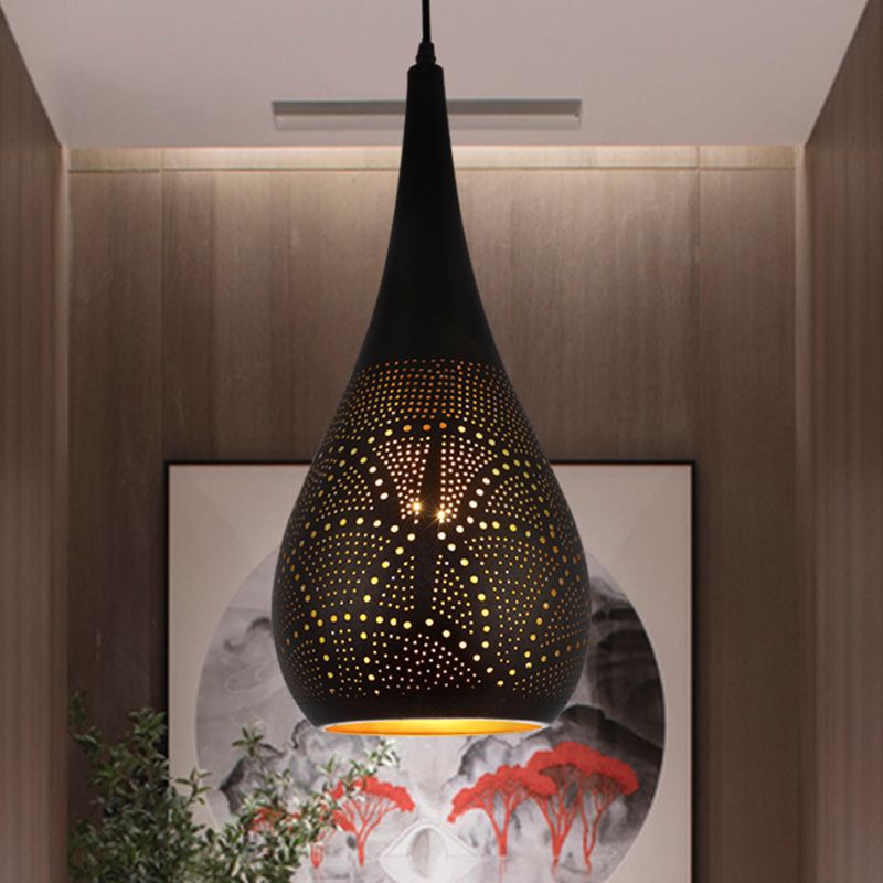 Art Deco Etched Sphere/Droplet Hanging Lamp Kit 5"/8" Width 1 Head Metallic Pendulum Light in Black