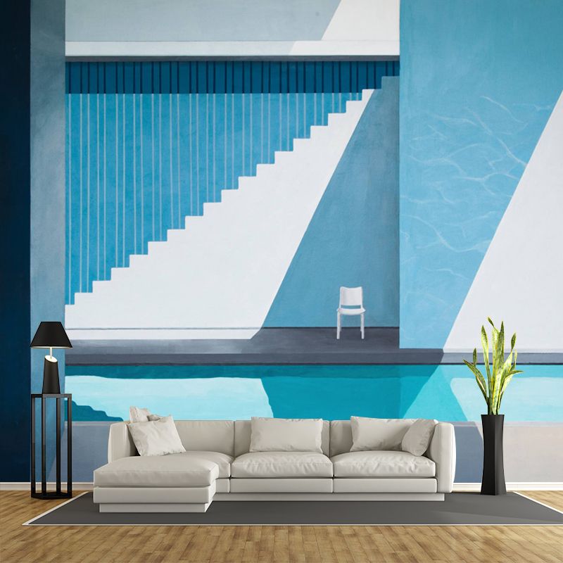 Blue-White Pool Murals Wallpaper Washable Modern Art Living Room Wall Decoration