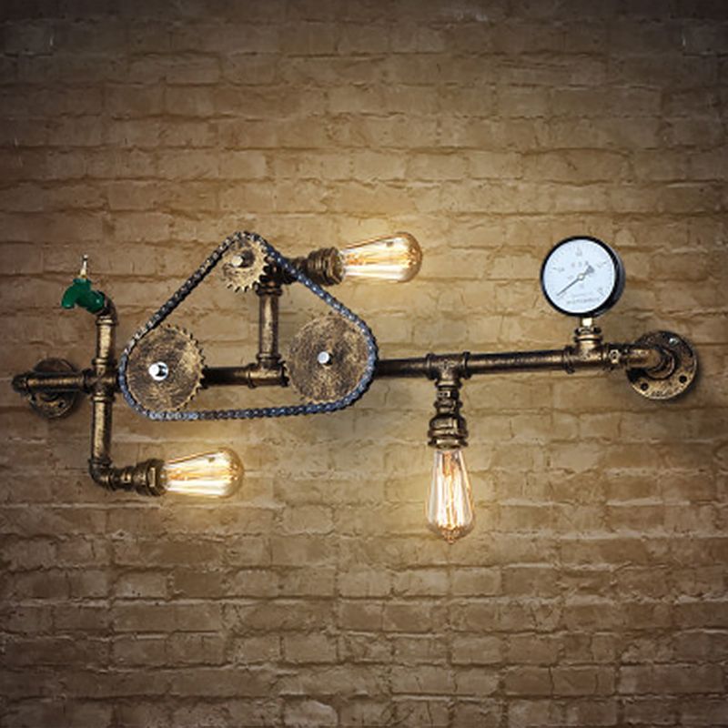 Industrial Water Pipe Wall Mounted Light Fixture Metal 3 Lights Sconce Lights
