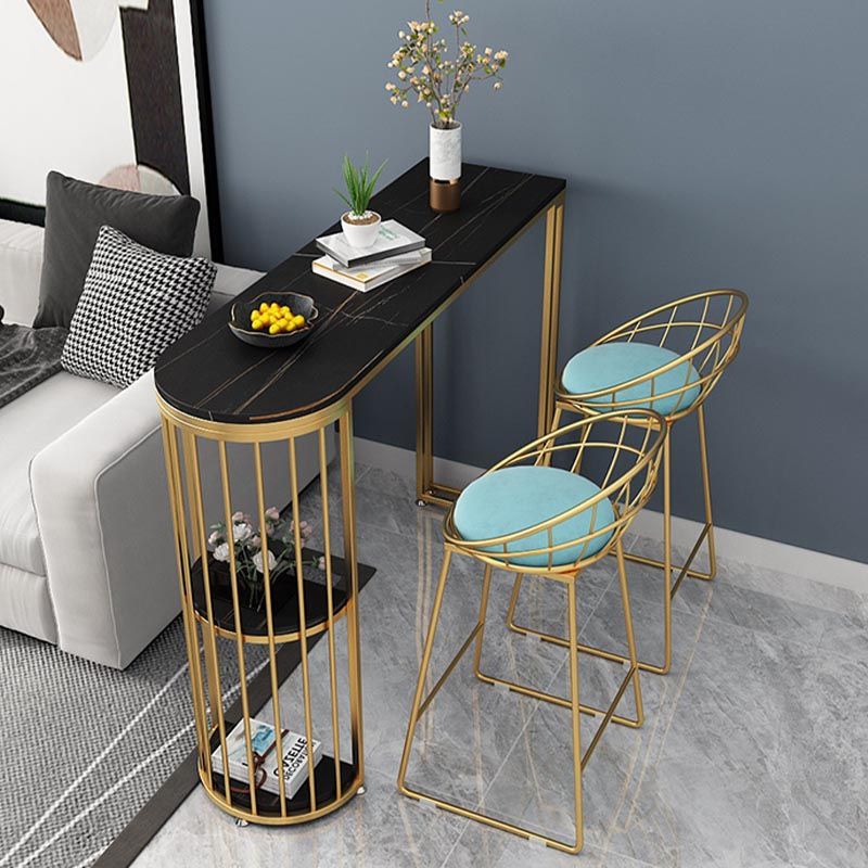 Glam Style Bar Table Stone Top Dining Room Bistro Table with Storage Rack
