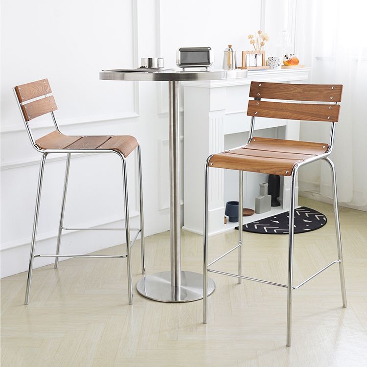 Modern Armless Backrest Counter Stool Iron Bar Stool with Wooden Seat and Pedal for Cafe