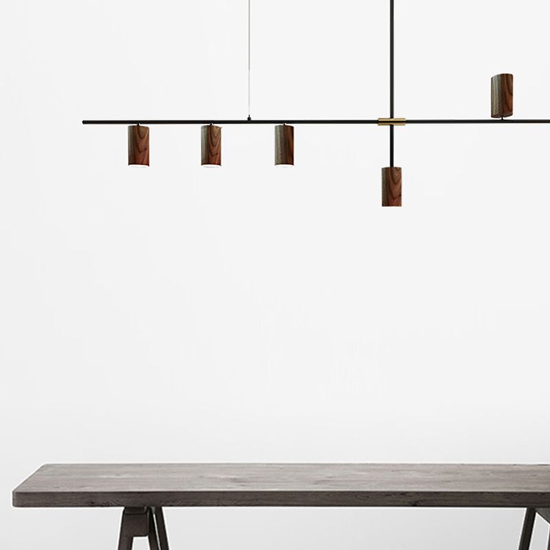 Modern Metal Island Lights Multi-Head Restaurant Hanging Lamp with Cylinder Walnut Shade