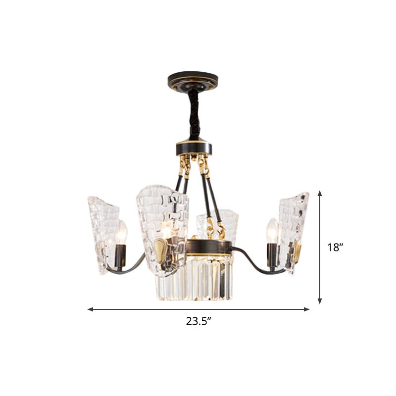 4 Bulbs Dining Room Pendulum Light Modern Black and Gold Finish Chandelier with Arced Panel Clear Crystal Shade