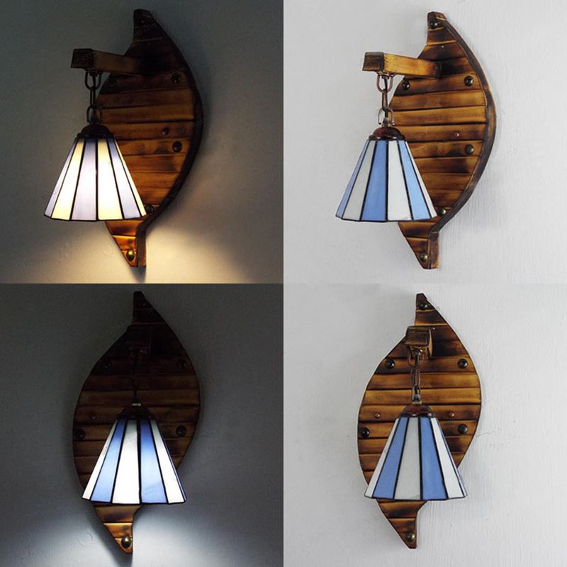Cone Shape Wall Light Retro Style Colorful Stained Glass 1 Light Wall Sconce Lamp Fixture in White/Light Blue/Light Blue-White/Orange-Red/Yellow/White for Balcony