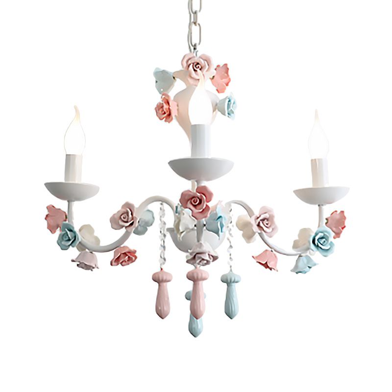 Candle Chandelier Lamp Modernism Ceramic 3/6 Lights White Finish Chandelier Pendant Light with Rose Decoration