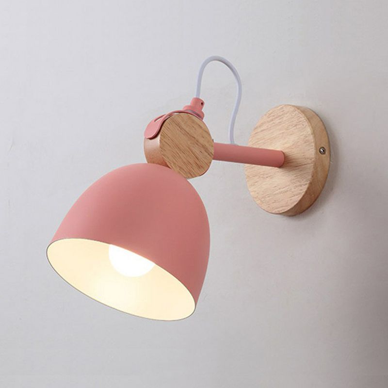 Simplicity Bell Wall Light Fixture Metallic Single-Bulb Bedroom Wall Mounted Lamp with Circle Wooden Backplate