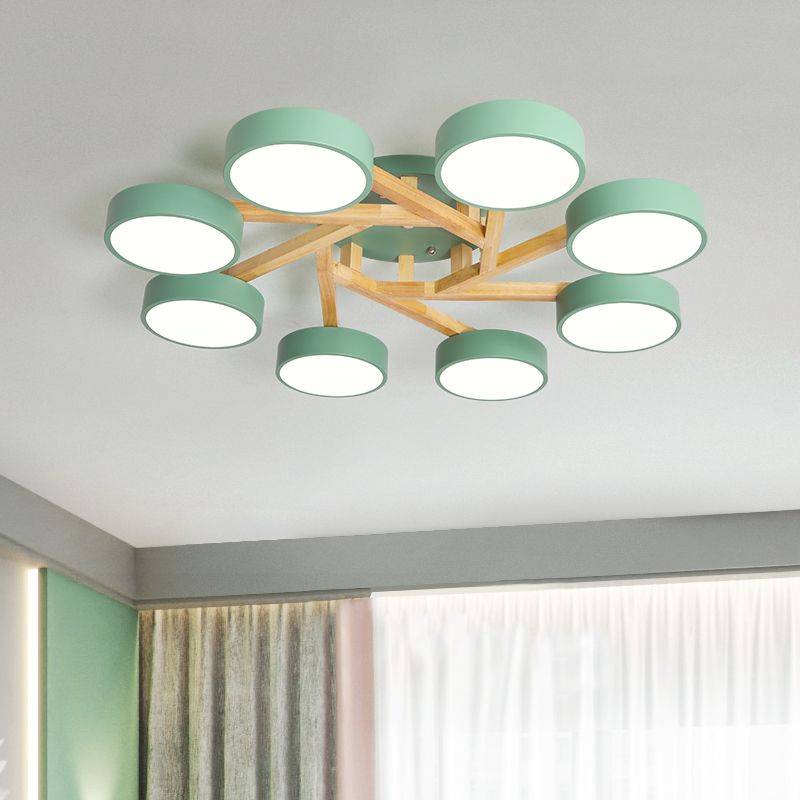 Wood Branch Ceiling Flush Light Minimalistic LED Semi Flush Mount Lamp with Round Acrylic Shade