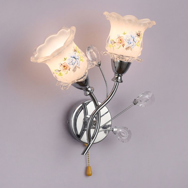 Modern Flower Flush Mount Wall Sconce 2-Light Bedroom Wall Sconce Lights with Grass Shade