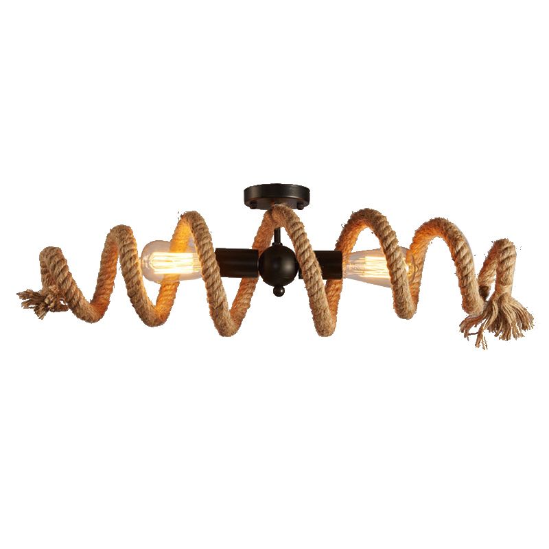 2 Heads Spiral Ceiling Mount Light Industrial Brown Rope Semi Flush Mount Light for Dining Room