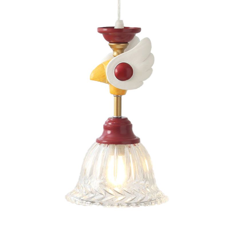 Bell Clear Glass Drop Lampe Cartoon 1-Kopf-Rot-Down-Beleuchtung Anhänger mit Globus/Vogeldesign für Schlafzimmer