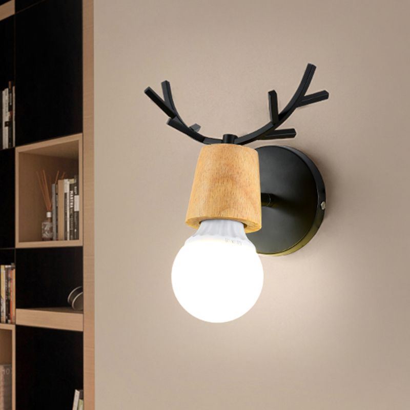 Nordic Shadeless Rotatable Wall Lamp Wood 1 Head Bedroom Sconce Lighting in Black/White with Antler Top