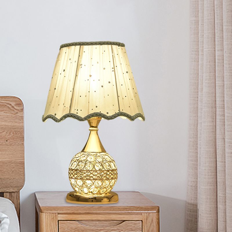 Crystal Embedded Gold Nightstand Lamp Sphere Framed 1 Bulb Traditional Table Light with Star-Patterned Shade