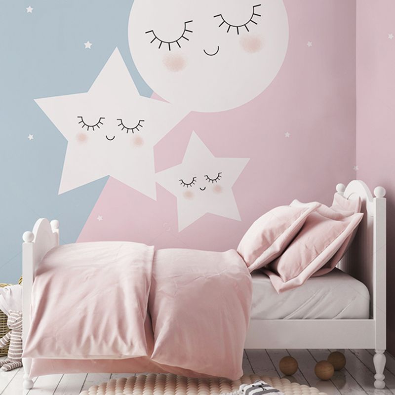 Cartoon Star and Moon Mural for Kids, Pink and Blue, Personalized Size Available