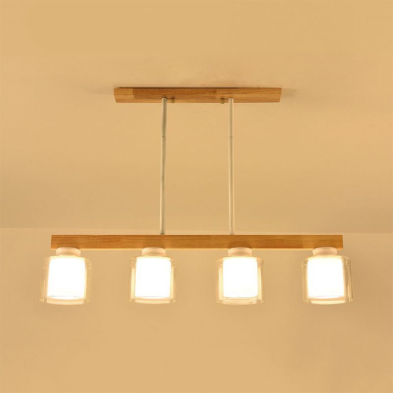 Double Glass Cylinder Shade Island Lighting Restaurant 3/4-Head Nordic Wooden Linear Pendant in White