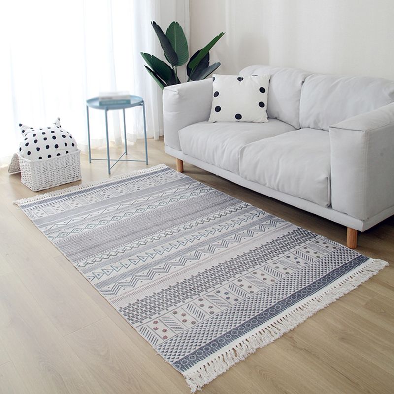 Blue Tone Home Decoration Carpet Eclectic Ethnic Printed Area Rug Cotton with Fringe Rug