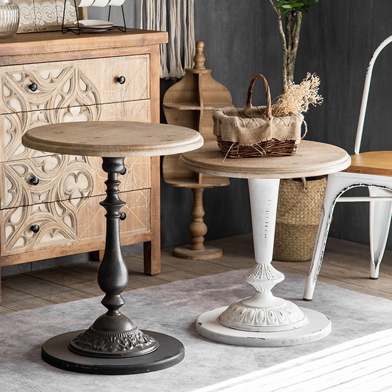 French Country Round Solid Wood Top Coffee Table Iron Pedestal Cocktail Table