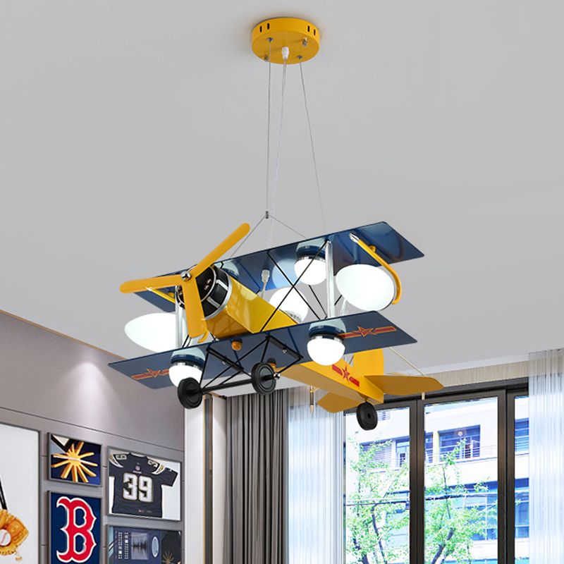 Blue/Yellow Prop Plane Chandelier Lighting Cartoon Style 7 Lights Metallic Hanging Ceiling Fixture for Bedroom