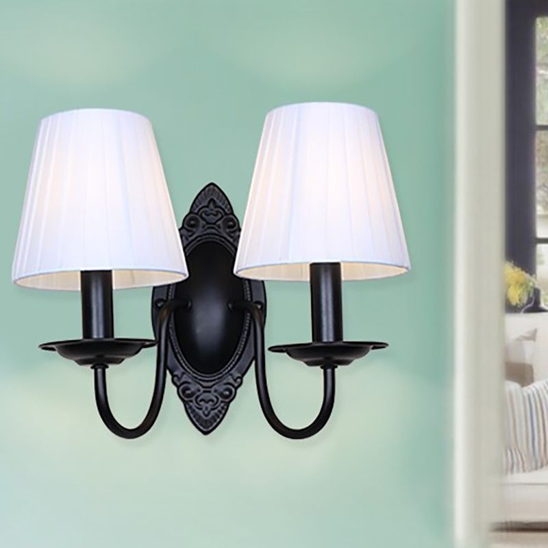 Tapered Bedroom Sconce Light Fixture Rustic Fabric 1/2 Lights Flaxen/White Wall Mounted Light