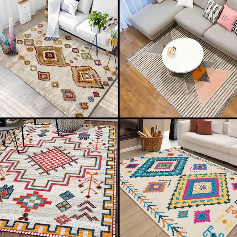 Moroccan Living Room Rug Multi-Colored Printed Carpet Cotton Anti-Slip Machine Washable Pet Friendly Rug