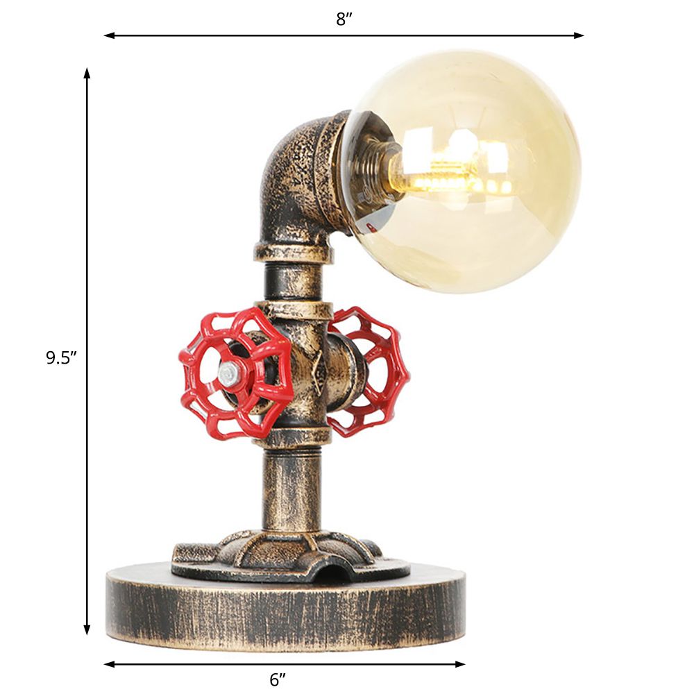 Lampada da lettura a luce singola in argento antico/bronzo. Illuminazione industriale con paralume globo in vetro trasparente/ambrato