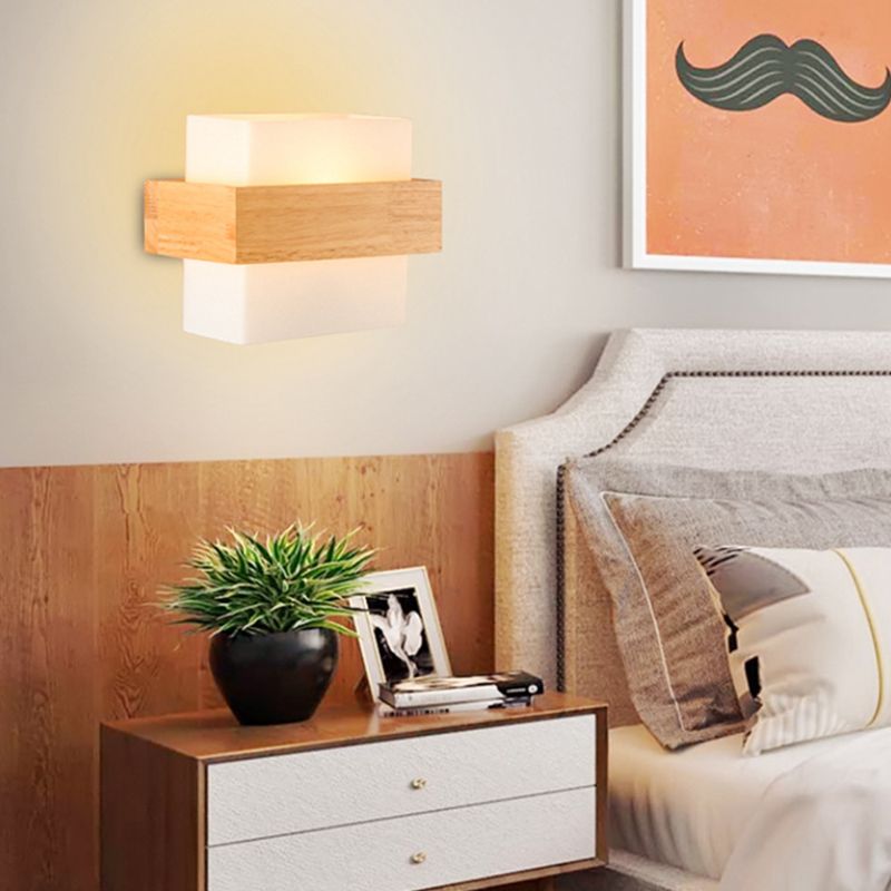 8.6" Wide Rectangular Modern Style Wall Lamp Simplicity Wooden Bedroom Sconces Light with White Glass Shade