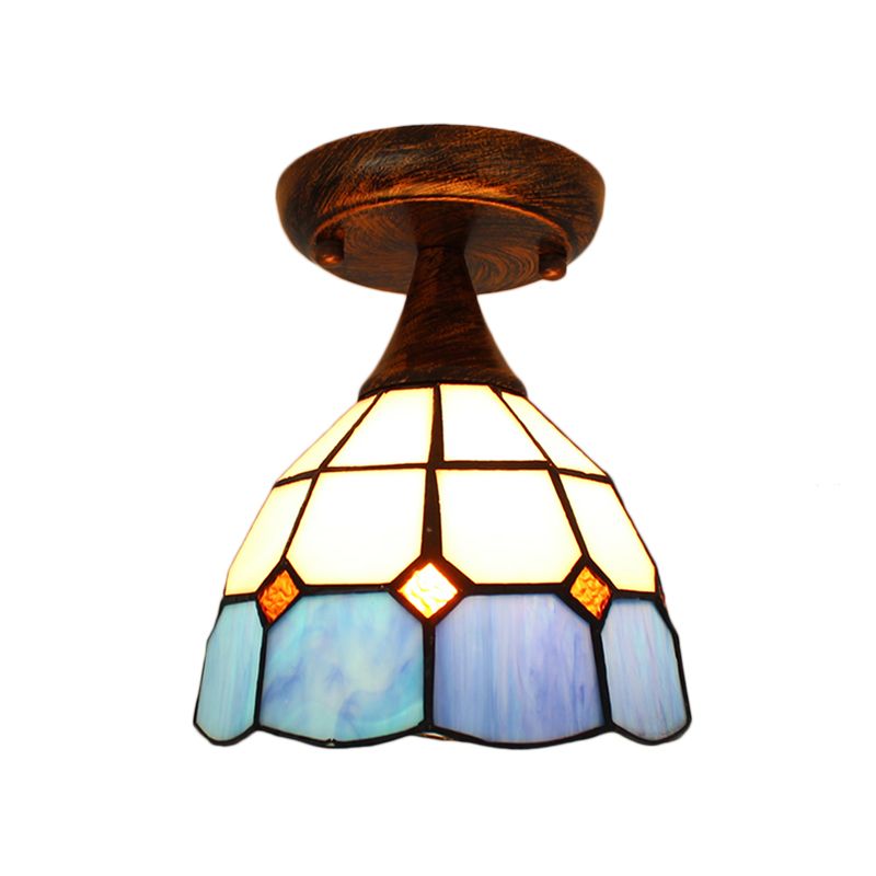 Mini Semi Flush Light with Stained Glass 1 Light Mediterranean Ceiling Light in Blue for Corridor
