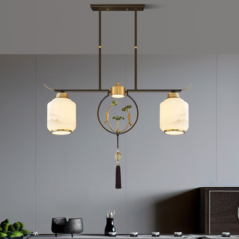 Cilindro de iluminación de la isla de cocina contemporánea Luces de isla colgantes con sombra de vidrio blanco