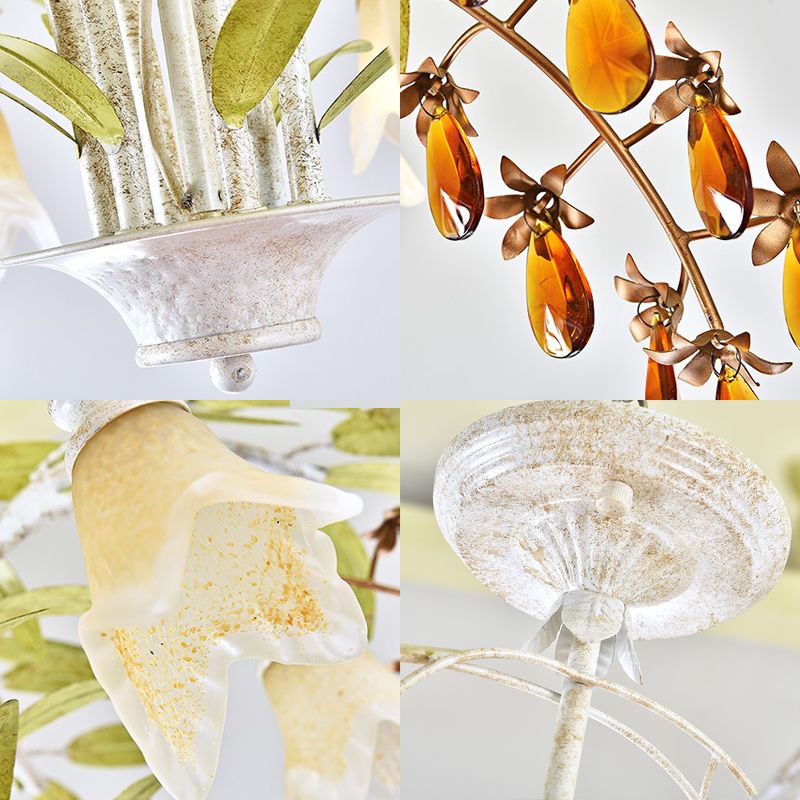 Lumière de lustre de fleurs rustiques 3/6 lumières blanches Verre-lumière suspendus avec décoration en cristal ambre