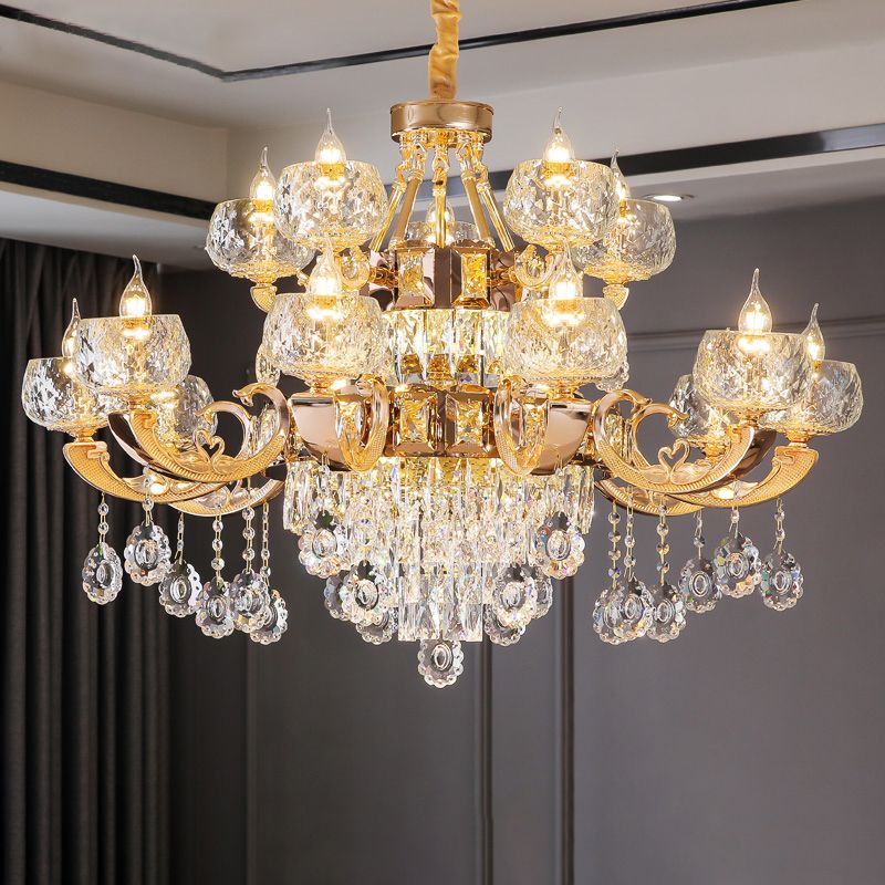 Faceted Glass Gold Chandelier Lighting Oblate Classic Pendant Light with Crystal Draping