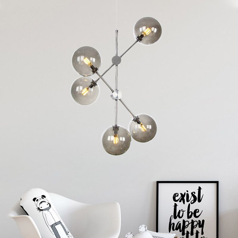 Smoke Glass Ball Pendant Chandelier Contemporary 5 Bulbs Hanging Ceiling Light for Bedroom