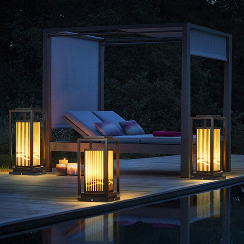 Rectangle Solar Pillar Lamp Contemporary Metal Outdoor Waterproof Light in Black