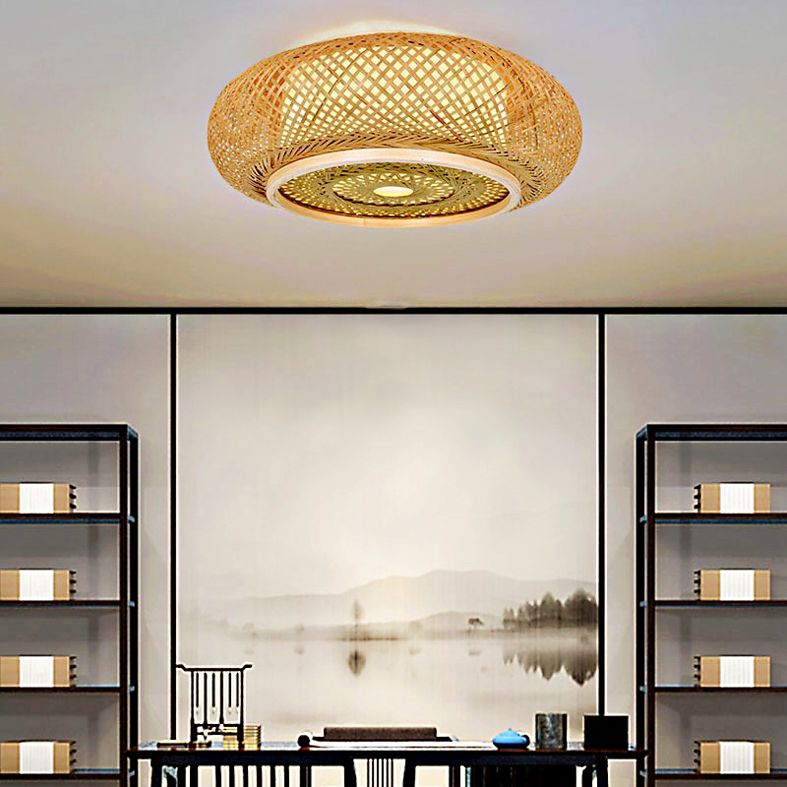 Japanese Style Bamboo Flush Mount Drum Shape Beige Flush Mount Ceiling Fixture for Living Room