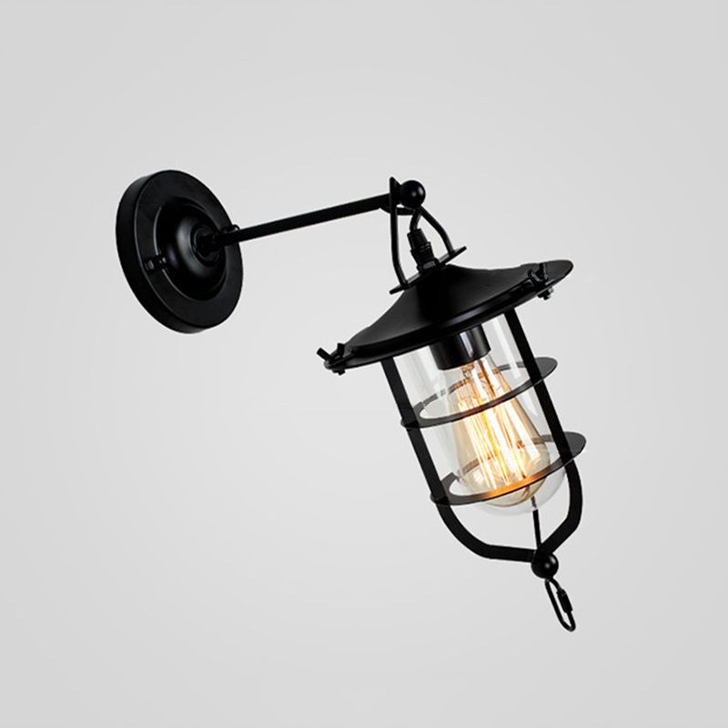 Black Single Wall Light Fixture Industrial Metal Wire Cage Wall Sconce with Clear Glass Shade