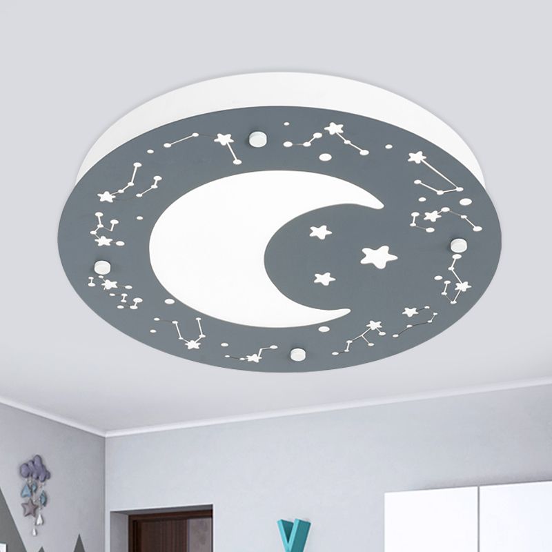 Graue/blaue Kreis Deckenleuchte Kinder LED Acryl Flush Lampe mit Mond und Sternenmuster für Nursery