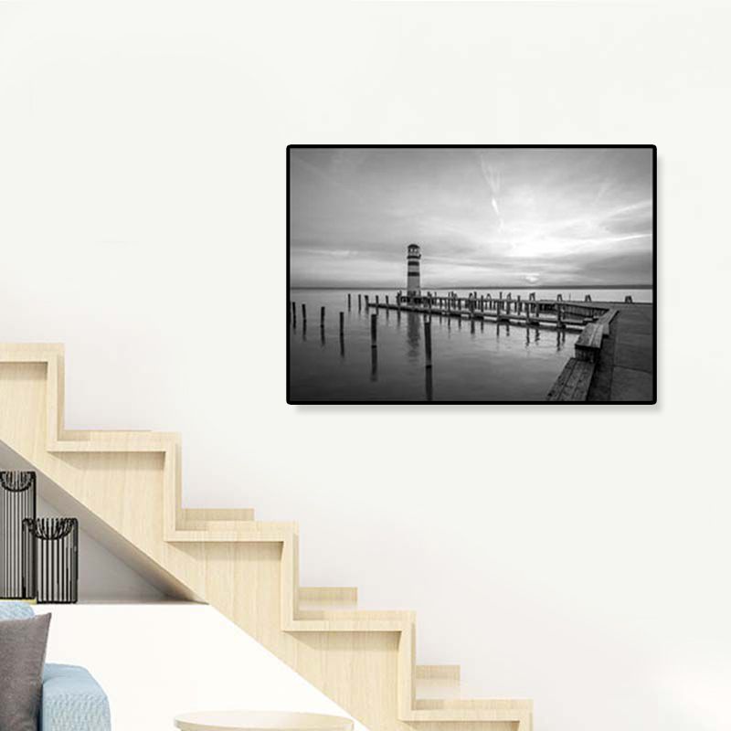 Seaside Building Canvas Art Textured Contemporary Living Room Wall Decor in Grey